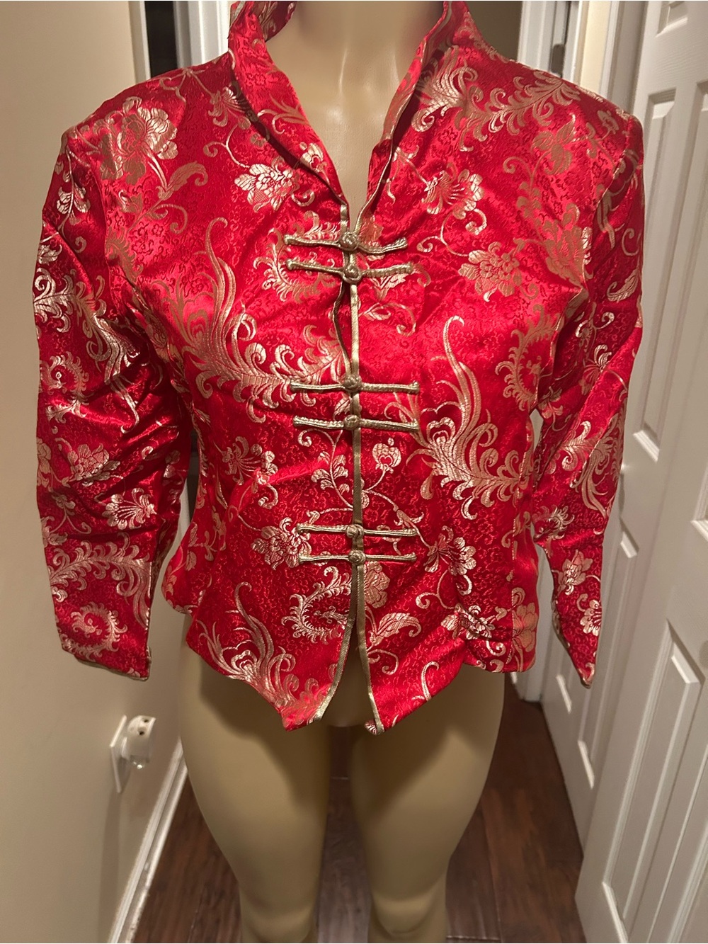 Red Brocade Mandarin Collar Jacket